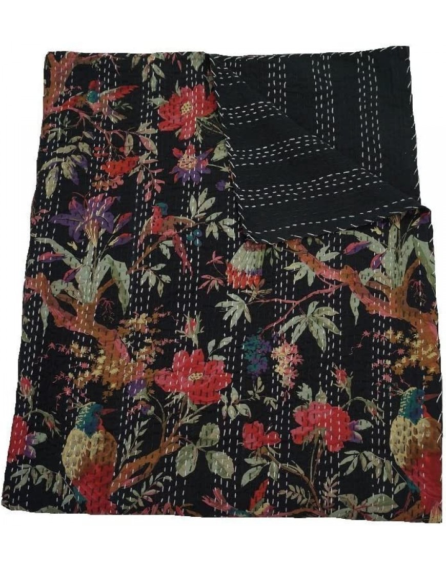 Couvre-lit indien en coton Kantha avec imprimé oiseaux multicolore floral Couvre-lit bohémien Fait à la main 100 % coton Kantha - B4W27GKQI