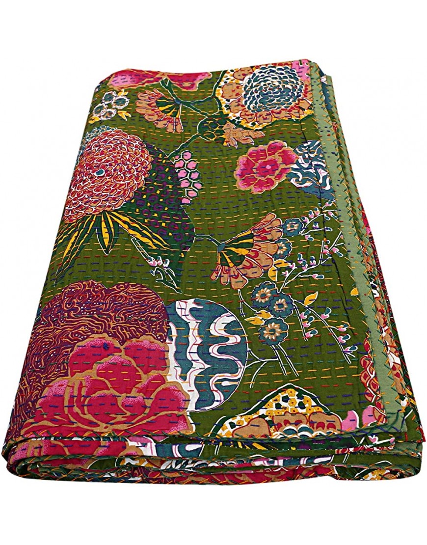 Indian-Shoppers Couvre-lit indien en coton fait à la main avec imprimé floral Vert 90 x 108 cm - B4BM2UJVA