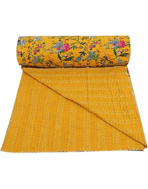 Janki Creation Parure de lit indienne à motif floral jaune indien Kantha Couvre-lit Queen Size Couverture faite à la main - B3K9JTCZB