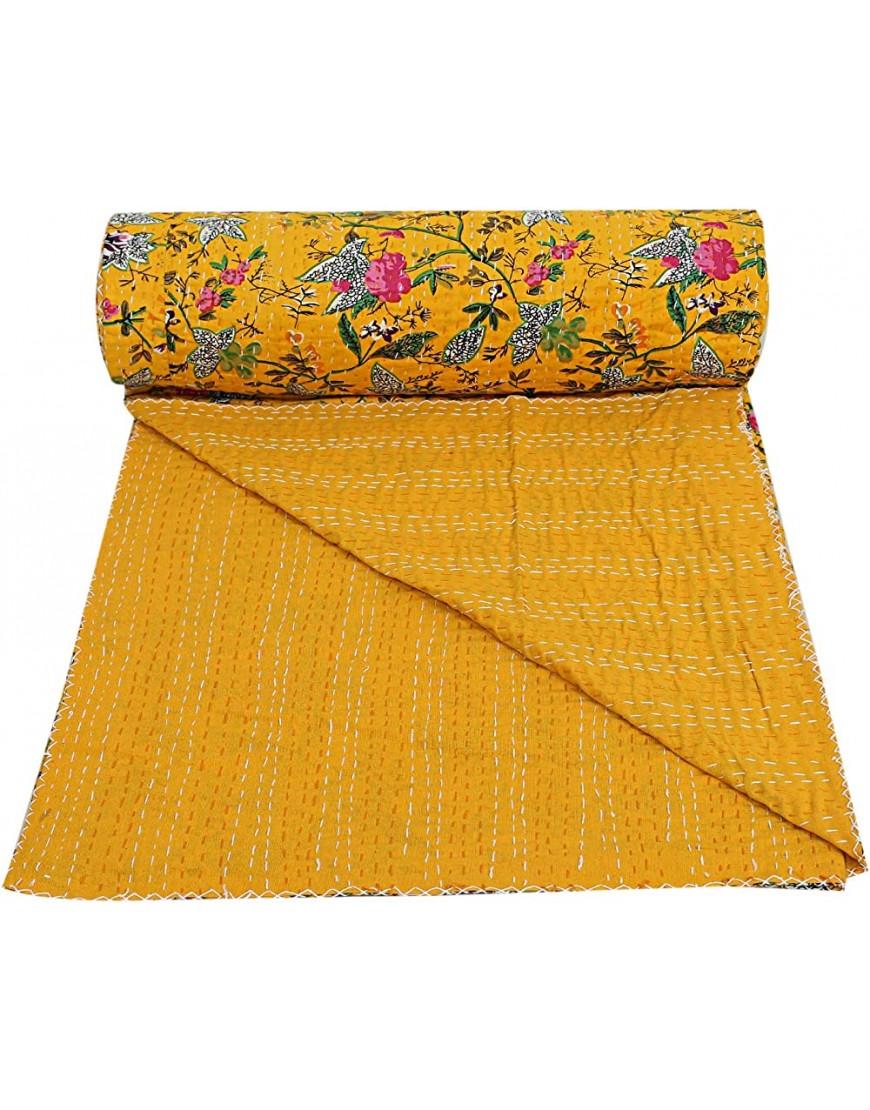 Janki Creation Parure de lit indienne à motif floral jaune indien Kantha Couvre-lit Queen Size Couverture faite à la main - B3K9JTCZB