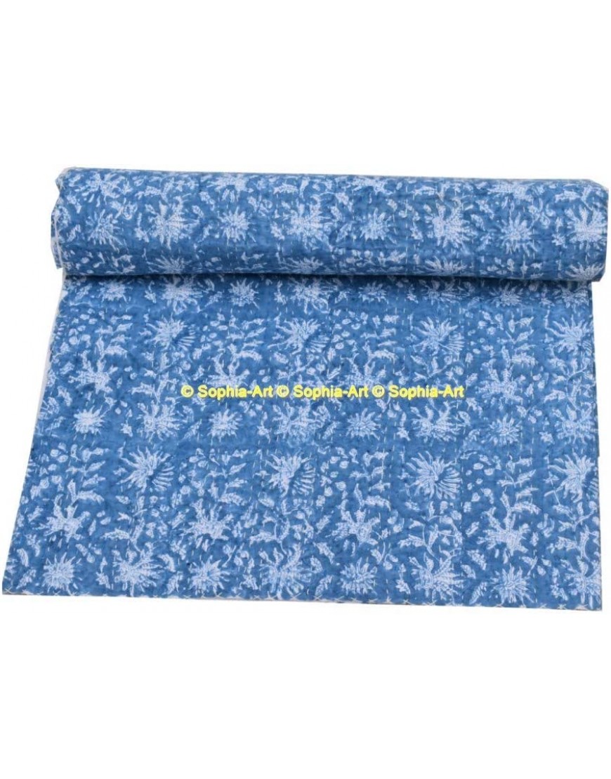 Sophia-Art Couvre-lit en coton pur de style bohème Kantha Kantha Kantha Couvre-lit réversible imprimé fait à la main Bleu 228,6 x 274,3 cm - BVND1XWDN