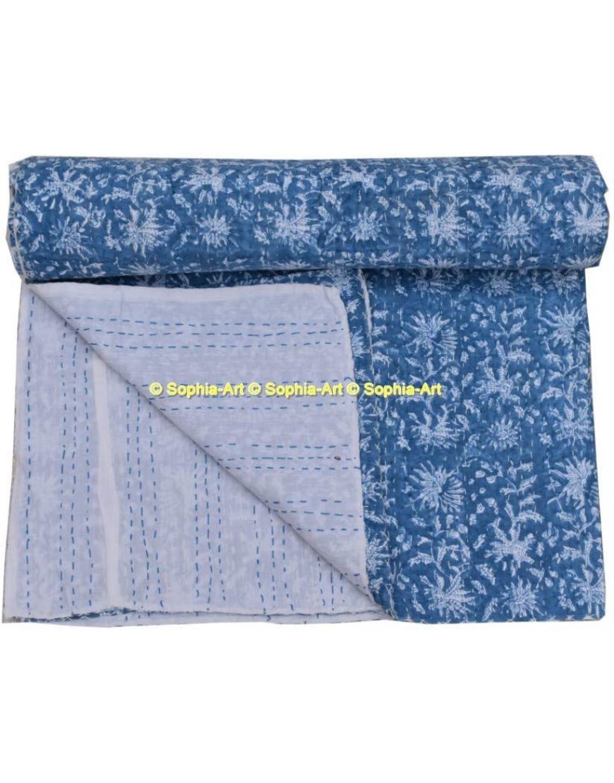Sophia-Art Couvre-lit en coton pur de style bohème Kantha Kantha Kantha Couvre-lit réversible imprimé fait à la main Bleu 228,6 x 274,3 cm - BVND1XWDN