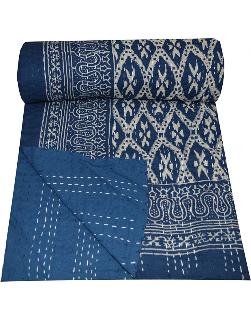 Yuvancrafts Jeté de lit indien Kantha fait main en coton Kantha pour lit simple Bleu indigo - B1NV8CGDE