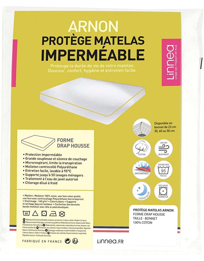 Protège Matelas imperméable 150x220 cm Bonnet 40cm Arnon Molleton 100% Coton contrecollé polyuréthane - BAJWADSBT