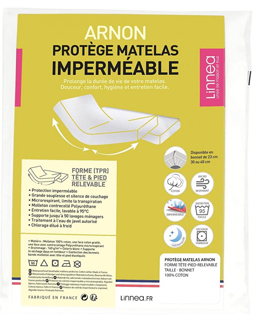 Protège Matelas imperméable 2x70x190 cm lit articulé TPR Bonnet 23cm Arnon Molleton 100% Coton contrecollé polyuréthane - B3NWQFVIM
