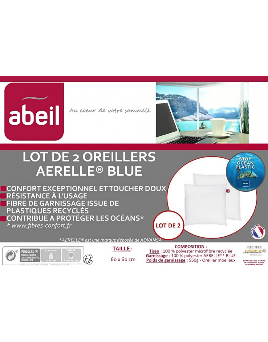 Abeil Lot de 2 Oreillers Aerelle Blue 60x60 fabriqué en France Blanc - B8Q3EPUEG