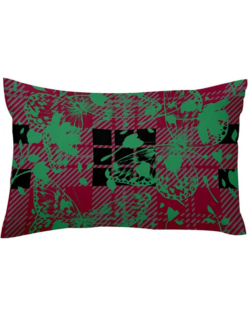 Green Plaid Floral Butterflies Red Couch Pillow Covers 16x24in Standard Size - BH9BQKWTT