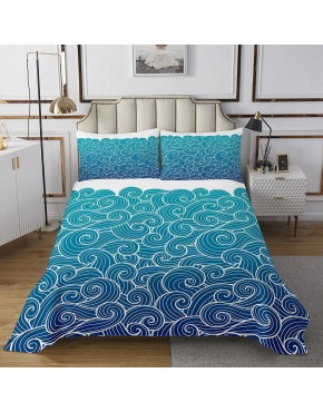 feelingyou Blue Waves Couvre-lit pour lit simple motif abstrait art océan décoration de chambre d'enfant style bohémien matelassé en microfibre avec 1 taie d'oreiller 2 pièces - BNEM5YSCZ
