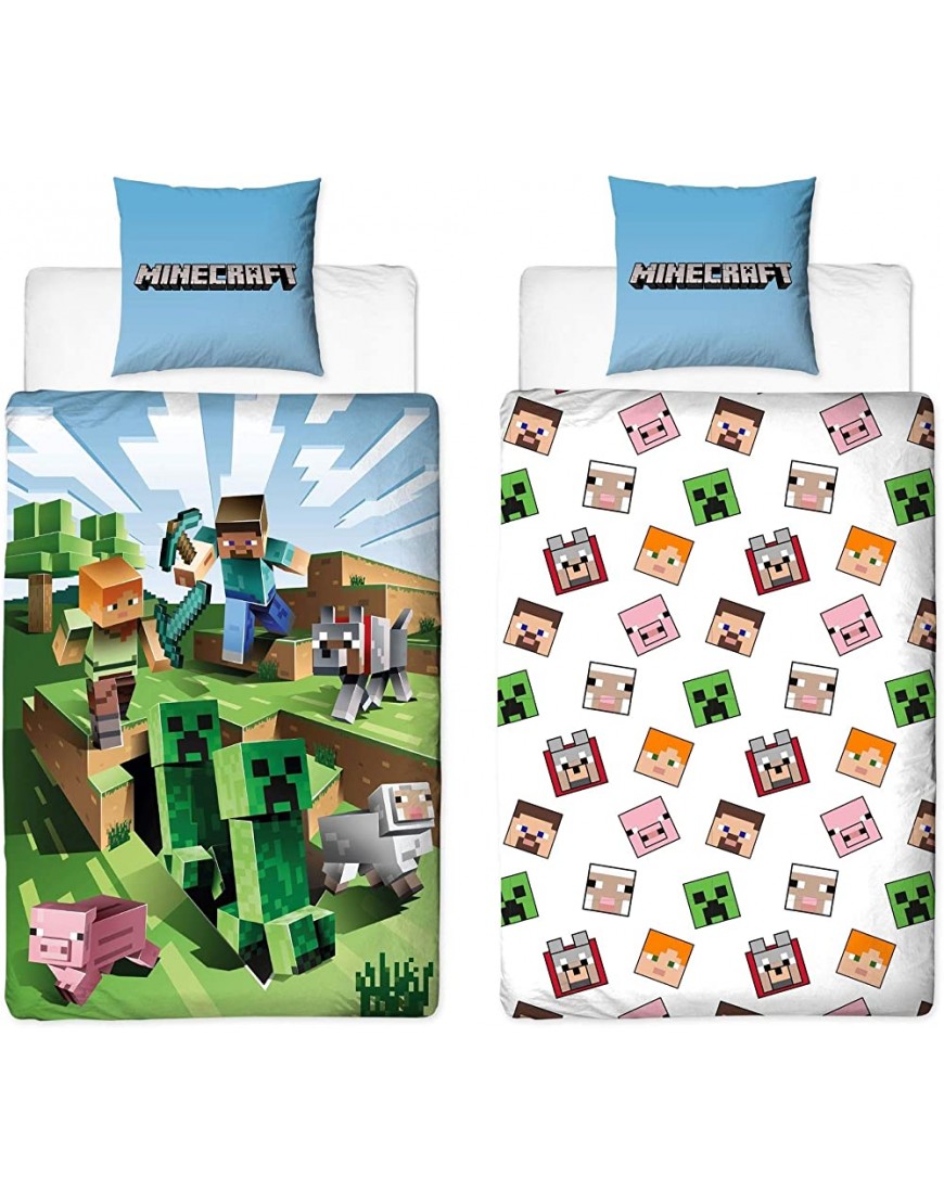 Character World Parure de lit réversible décor Minecraft 135 x 200 cm + 80 x 80 cm 100 % coton vert motif blocs TNT et pioche multicolore - B4493IKQI