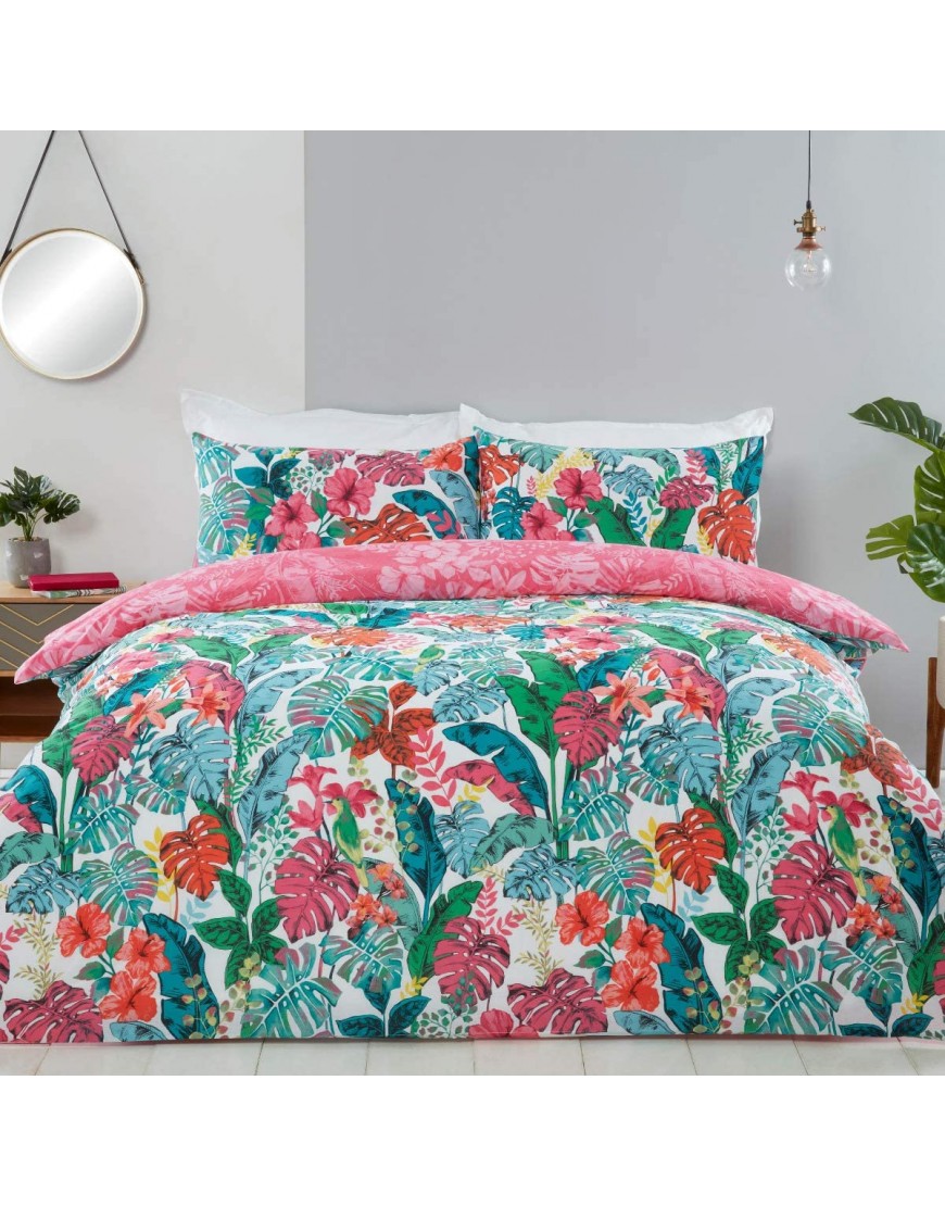 Sleepdown Parure de lit réversible avec Housse de Couette et taie d'oreiller Motif Feuilles Tropicales Bleu Sarcelle Blanc Rose 135 x 200 cm - BNJH4VQJK