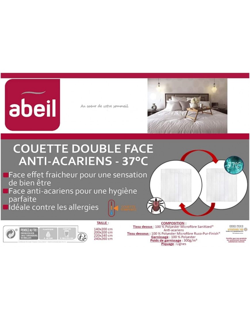 Couette Double Face Anti-acarien et Fraicheur 220 x 240 cm fabriquée en France - B186NVNDS